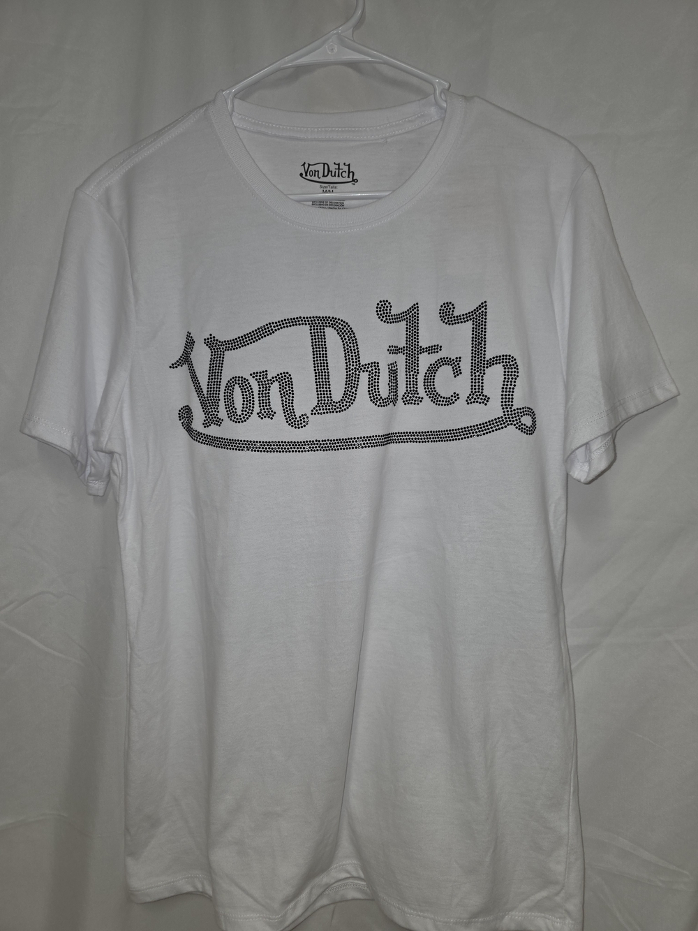 NWT Von Dutch White Tee with Black Logo Script Dot Pattern